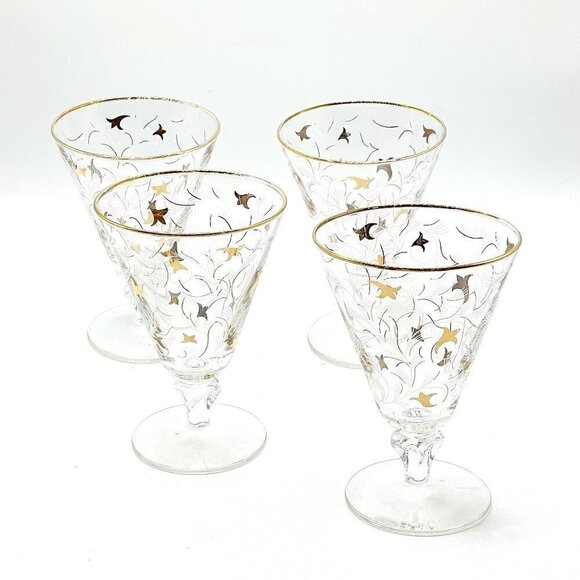 Vintage Libbey 1950s Royal Fern Gold Trim Stemware Wine Water Glasses Set of 4 - Picture 1 of 5